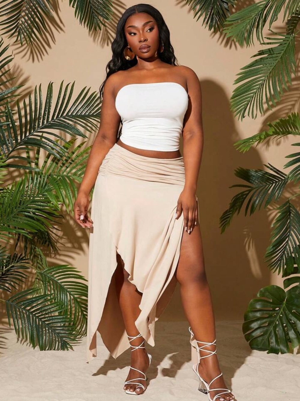 Plus Size Women Spring-Summer New City Resort Solid Color Ruched Skirt